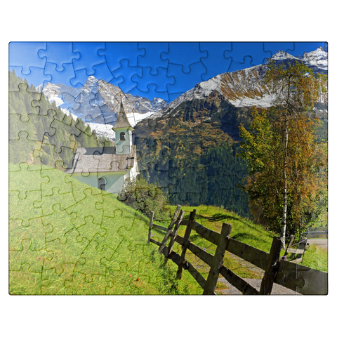 puzzleplate Chapel near Vals against the Olperer (3476m), Valsertal, Tyrol, Austria 100 Jigsaw Puzzle