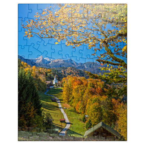 puzzleplate Way to Wamberg (996m), church St. Anna (1721) against Daniel (2340m), Garmisch-Partenkirchen 100 Jigsaw Puzzle
