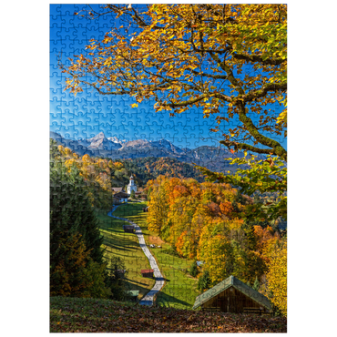 puzzleplate Way to Wamberg (996m), church St. Anna (1721) against Daniel (2340m), Garmisch-Partenkirchen 500 Jigsaw Puzzle