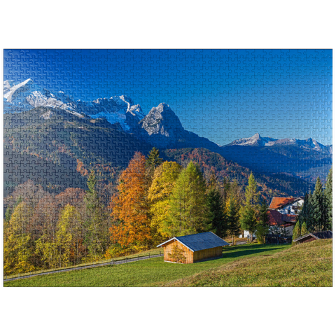 puzzleplate View from the Pfeiffer-Alm to the Zugspitzgruppe (2962m), Garmisch-Partenkirchen 1000 Jigsaw Puzzle