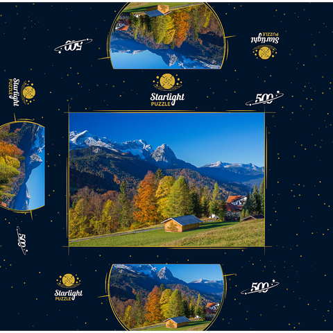 View from the Pfeiffer-Alm to the Zugspitzgruppe (2962m), Garmisch-Partenkirchen 500 Jigsaw Puzzle box 3D Modell