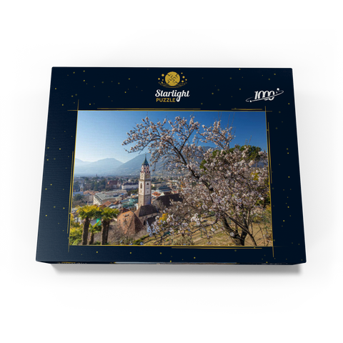 Blossoming almond tree with view from Tappeinerweg to the old town with the parish church of St. Nicholas 1000 Jigsaw Puzzle box view1