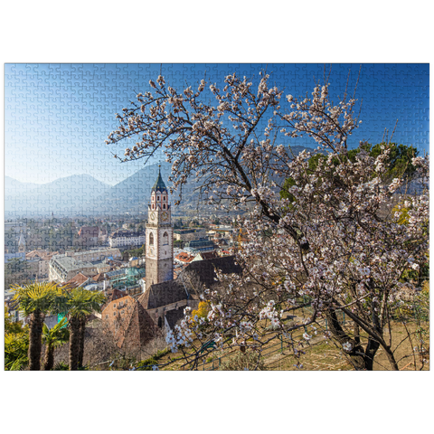 puzzleplate Blossoming almond tree with view from Tappeinerweg to the old town with the parish church of St. Nicholas 1000 Jigsaw Puzzle