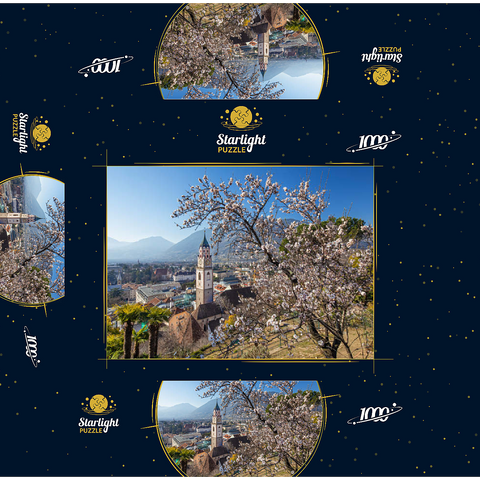 Blossoming almond tree with view from Tappeinerweg to the old town with the parish church of St. Nicholas 1000 Jigsaw Puzzle box 3D Modell