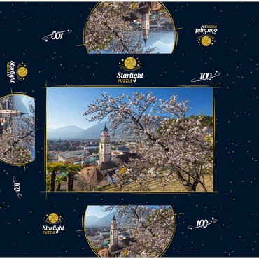 Blossoming almond tree with view from Tappeinerweg to the old town with the parish church of St. Nicholas 100 Jigsaw Puzzle box 3D Modell