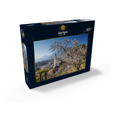 Blossoming almond tree with view from Tappeinerweg to the old town with the parish church of St. Nicholas 500 Jigsaw Puzzle box view1