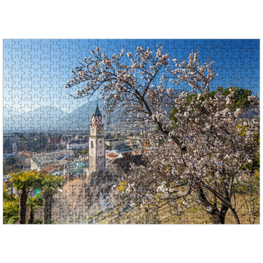 puzzleplate Blossoming almond tree with view from Tappeinerweg to the old town with the parish church of St. Nicholas 500 Jigsaw Puzzle