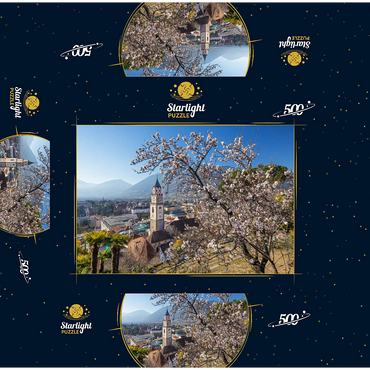 Blossoming almond tree with view from Tappeinerweg to the old town with the parish church of St. Nicholas 500 Jigsaw Puzzle box 3D Modell
