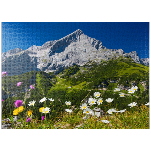 puzzleplate View from Kreuzjoch (1719m) to Hochalm against Alpspitze (2628m) with daisies 1000 Jigsaw Puzzle