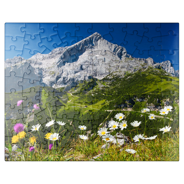 puzzleplate View from Kreuzjoch (1719m) to Hochalm against Alpspitze (2628m) with daisies 100 Jigsaw Puzzle