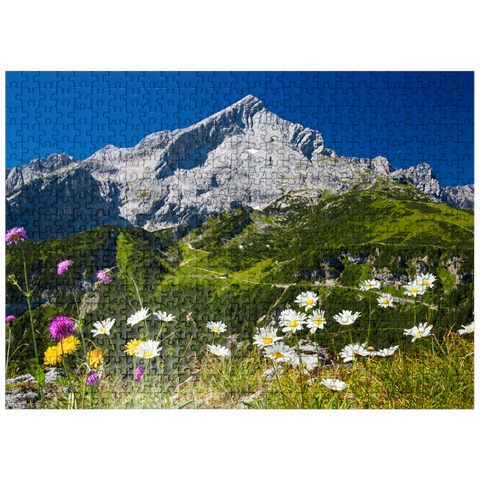 puzzleplate View from Kreuzjoch (1719m) to Hochalm against Alpspitze (2628m) with daisies 500 Jigsaw Puzzle