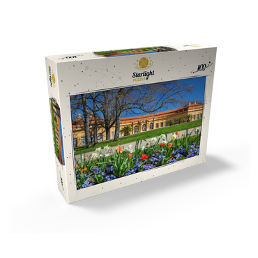 Palace garden with the orangery in spring at the time of the tulip blossom 100 Jigsaw Puzzle box view1