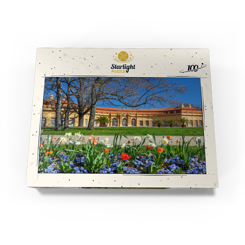 Palace garden with the orangery in spring at the time of the tulip blossom 100 Jigsaw Puzzle box view1