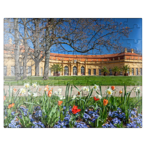 puzzleplate Palace garden with the orangery in spring at the time of the tulip blossom 100 Jigsaw Puzzle