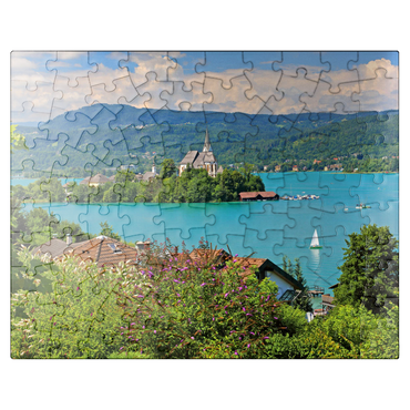 puzzleplate View to peninsula with parish church, Maria Wörth, Wörther See, Austria 100 Jigsaw Puzzle