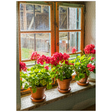 puzzleplate Window with geraniums in the open-air museum Glentleiten near Großweil, Upper Bavaria 1000 Jigsaw Puzzle