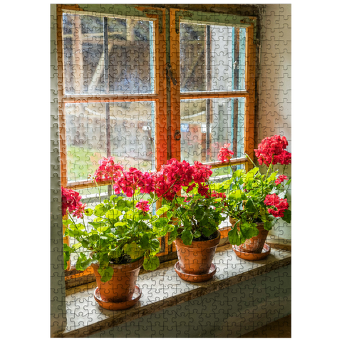 puzzleplate Window with geraniums in the open-air museum Glentleiten near Großweil, Upper Bavaria 500 Jigsaw Puzzle