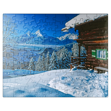 puzzleplate Hut at Metzenleiten against Watzmann (2713m), Berchtesgaden, Upper Bavaria 100 Jigsaw Puzzle