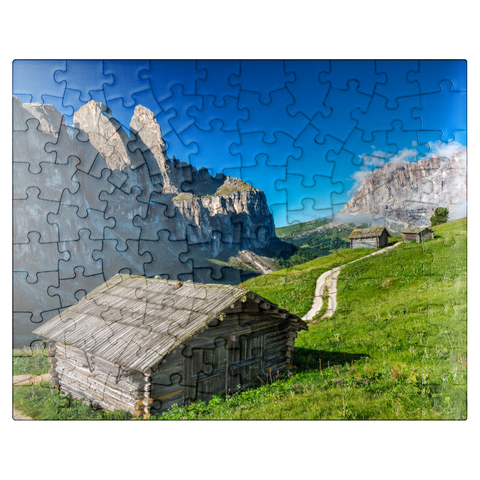 puzzleplate At the Gardena Pass against Sella Group and Sassolungo (3181m), Dolomites, Trentino-South Tyrol 100 Jigsaw Puzzle