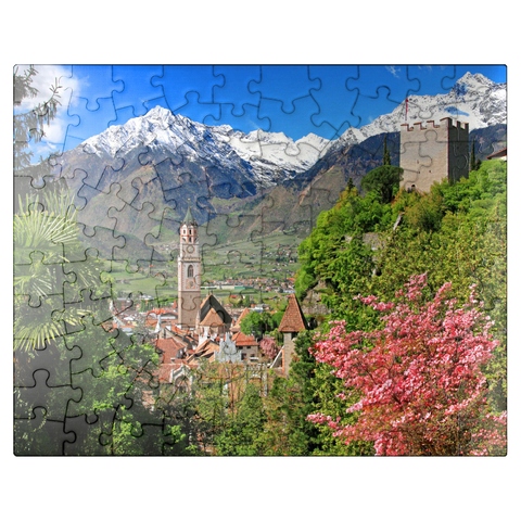 puzzleplate Old town with parish church and powder tower against Texelgruppe, Meran 100 Jigsaw Puzzle