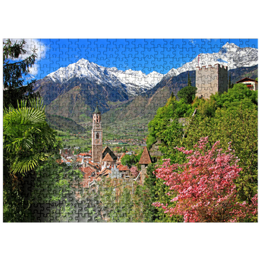 puzzleplate Old town with parish church and powder tower against Texelgruppe, Meran 500 Jigsaw Puzzle