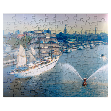 puzzleplate Welcoming the Sea Cloud at the St. Pauli Landungsbrücken, Hamburg, Germany 100 Jigsaw Puzzle
