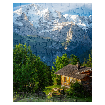 puzzleplate Isenfluh, hamlet Sulwald (1520m) hut against Jungfrau (4158m) 100 Jigsaw Puzzle