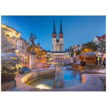 puzzleplate Göbel fountain at the Hallmarkt with the market church St. Marien, Marienkirche 1000 Jigsaw Puzzle