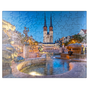 puzzleplate Göbel fountain at the Hallmarkt with the market church St. Marien, Marienkirche 100 Jigsaw Puzzle