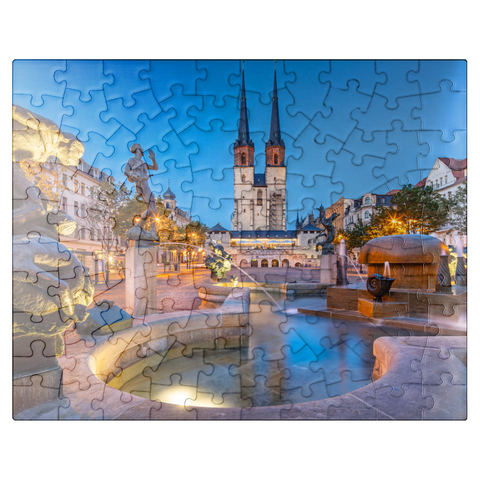 puzzleplate Göbel fountain at the Hallmarkt with the market church St. Marien, Marienkirche 100 Jigsaw Puzzle