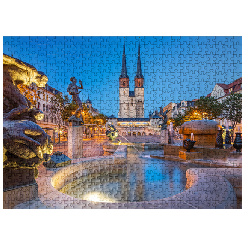 puzzleplate Göbel fountain at the Hallmarkt with the market church St. Marien, Marienkirche 500 Jigsaw Puzzle