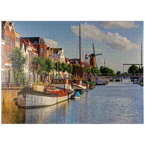 puzzleplate Port in Delfshaven district with windmill de Disteleerketel, Rotterdam 1000 Jigsaw Puzzle