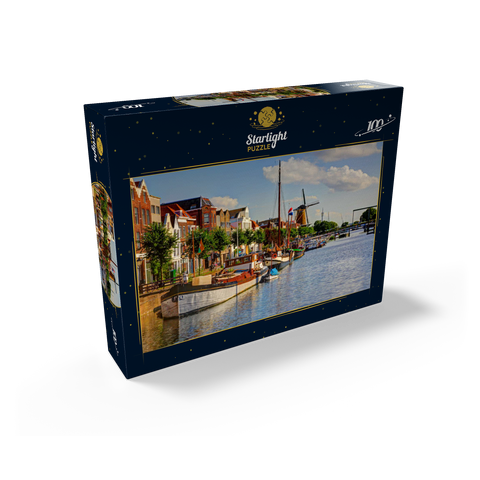 Port in Delfshaven district with windmill de Disteleerketel, Rotterdam 100 Jigsaw Puzzle box view1