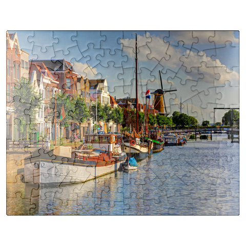puzzleplate Port in Delfshaven district with windmill de Disteleerketel, Rotterdam 100 Jigsaw Puzzle