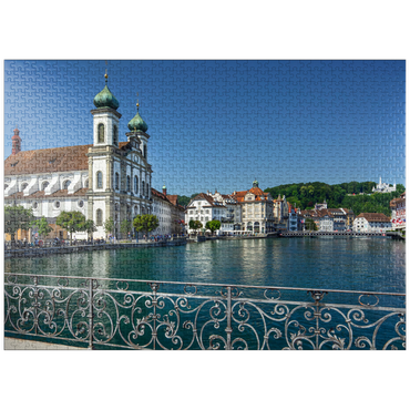 puzzleplate View from the Rathaussteg over the Reuss to the Jesuitenkirche, Lucerne 1000 Jigsaw Puzzle