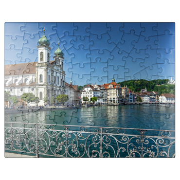 puzzleplate View from the Rathaussteg over the Reuss to the Jesuitenkirche, Lucerne 100 Jigsaw Puzzle