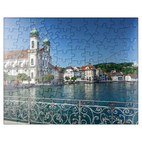 puzzleplate View from the Rathaussteg over the Reuss to the Jesuitenkirche, Lucerne 100 Jigsaw Puzzle