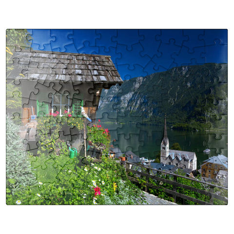 puzzleplate Old hut with a view of Hallstatt on Lake Hallstatt 100 Jigsaw Puzzle