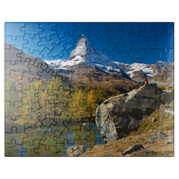 puzzleplate Grindji lake (2334 m) with view of the Matterhorn (4478 m) near Zermatt (1620 m) 100 Jigsaw Puzzle