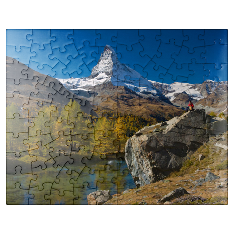 puzzleplate Grindji lake (2334 m) with view of the Matterhorn (4478 m) near Zermatt (1620 m) 100 Jigsaw Puzzle