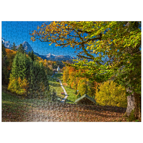 puzzleplate Wamberg (996m), church St. Anna (1721) against Daniel (2340m), Garmisch-Partenkirchen, Upper Bavaria 500 Jigsaw Puzzle