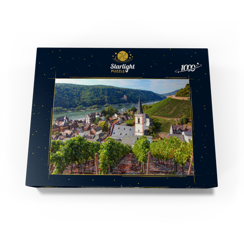 View over the village with the Holy Cross Church to the castle Rheinstein at the Rhine, Rhine valley, Assmannshausen, district of Rüdesheim 1000 Jigsaw Puzzle box view1