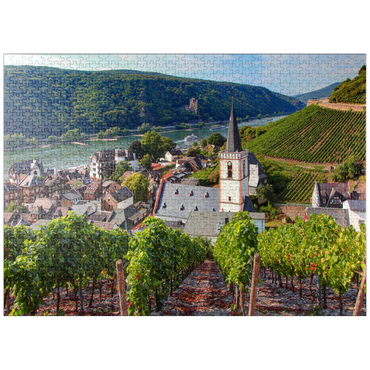 puzzleplate View over the village with the Holy Cross Church to the castle Rheinstein at the Rhine, Rhine valley, Assmannshausen, district of Rüdesheim 1000 Jigsaw Puzzle