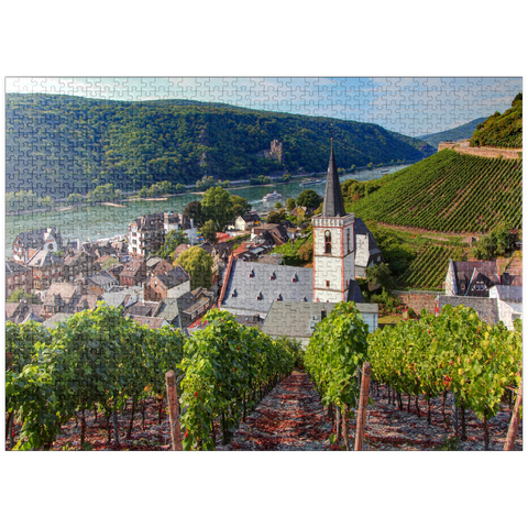 puzzleplate View over the village with the Holy Cross Church to the castle Rheinstein at the Rhine, Rhine valley, Assmannshausen, district of Rüdesheim 1000 Jigsaw Puzzle