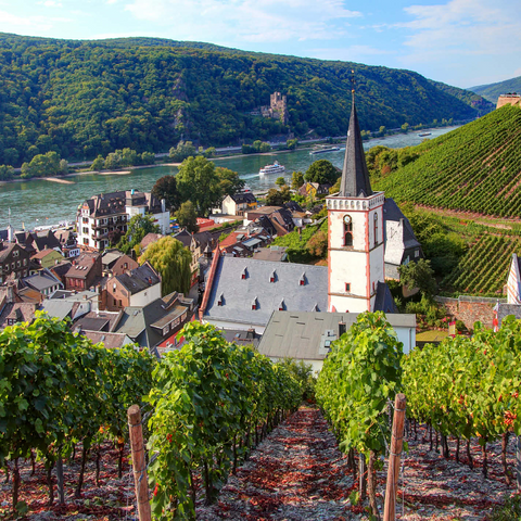 View over the village with the Holy Cross Church to the castle Rheinstein at the Rhine, Rhine valley, Assmannshausen, district of Rüdesheim 1000 Jigsaw Puzzle 3D Modell