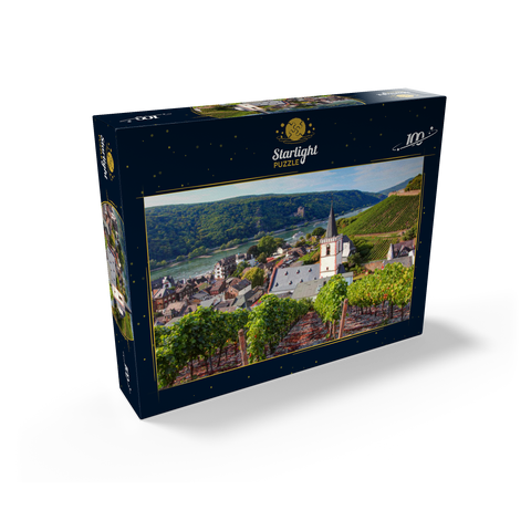 View over the village with the Holy Cross Church to the castle Rheinstein at the Rhine, Rhine valley, Assmannshausen, district of Rüdesheim 100 Jigsaw Puzzle box view1