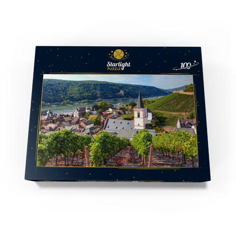 View over the village with the Holy Cross Church to the castle Rheinstein at the Rhine, Rhine valley, Assmannshausen, district of Rüdesheim 100 Jigsaw Puzzle box view1
