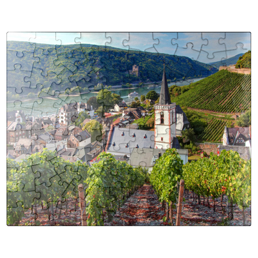 puzzleplate View over the village with the Holy Cross Church to the castle Rheinstein at the Rhine, Rhine valley, Assmannshausen, district of Rüdesheim 100 Jigsaw Puzzle