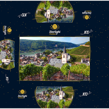View over the village with the Holy Cross Church to the castle Rheinstein at the Rhine, Rhine valley, Assmannshausen, district of Rüdesheim 100 Jigsaw Puzzle box 3D Modell