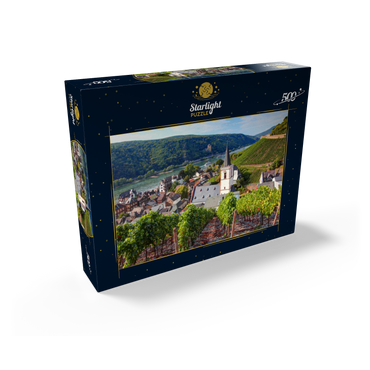 View over the village with the Holy Cross Church to the castle Rheinstein at the Rhine, Rhine valley, Assmannshausen, district of Rüdesheim 500 Jigsaw Puzzle box view1